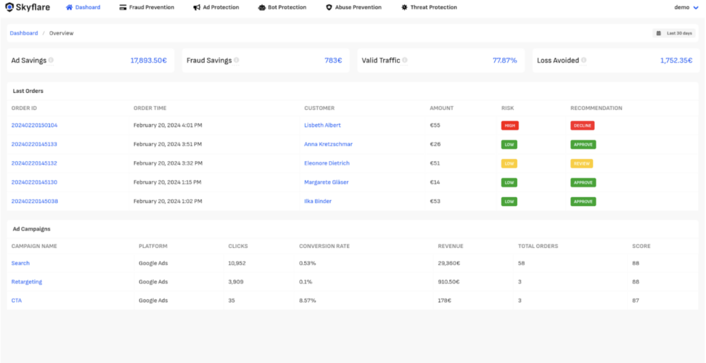 Skyflare es una herramienta antifraude líder diseñada para proteger las tiendas Shopify de varios tipos de fraude en el comercio electrónico, incluyendo fraude en pedidos, fraude en clics en anuncios de pago, actividades de bots maliciosos, redireccionamiento de clientes y devoluciones de cargo. 